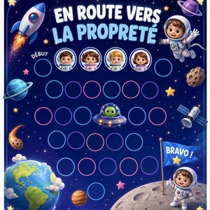 Puede incluir: Un gráfico colorido con temática espacial con el texto "EN ROUTE VERS LA PROPRETÉ". Presenta un cohete, planetas, astronautas y un OVNI. El gráfico tiene círculos para rastrear el progreso y una bandera que dice "Bravo!"