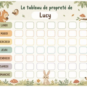 May include: A charming chore chart with illustrations of woodland animals, including a squirrel, owl, fox, and deer. The chart is designed for "Lucy" and has a grid for daily tasks, with days of the week in French.