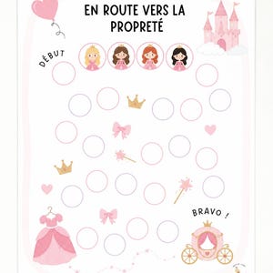 Może przedstawiać: Różowy i biały wykres z tekstem "EN ROUTE VERS LA PROPRETÉ", "DÉBUT" i "BRAVO!". Wykres zawiera ilustracje księżniczek, zamku, sukni, karety, koron, kokardek, serc i różdżek. Znajdują się na nim kółka do śledzenia postępów.