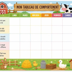 Könnte beinhalten: Eine farbenfrohe Verhaltenstabelle mit Bauernhof-Motiv. Die Tabelle zeigt Illustrationen von Hoftieren, einer Scheune und einem Traktor. Die Wochentage sind oben aufgeführt, mit Feldern für tägliche Einträge. Der Text "MON TABLEAU DE COMPORTEMENT" steht oben.