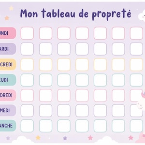 May include: A lavender chore chart with a unicorn theme. The chart has a grid for each day of the week, with the days labelled in French. Unicorn illustrations and pastel colours decorate the chart.