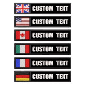 May include: Six rectangular black embroidered patches arranged vertically. Each patch features a national flag on the left side and the white embroidered text CUSTOM TEXT on the right. The flags include the United Kingdom, USA, Canada, Italy, France, and Germany.