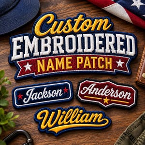 Puede incluir: Una colección de parches bordados personalizados con el texto Custom Embroidered Name Patch en amarillo, blanco y rojo. Otros parches más pequeños muestran los nombres Jackson, Anderson y William en letra cursiva blanca o amarilla.