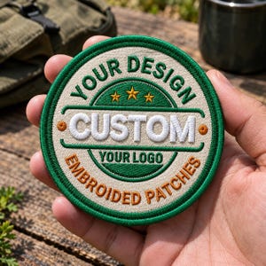 Può includere: Una toppa ricamata circolare con centro beige e bordo verde scuro. Il testo recita YOUR DESIGN, CUSTOM, YOUR LOGO ed EMBROIDED PATCHES in filo verde, bianco e arancione, con tre piccole stelle dorate sopra la parola CUSTOM.