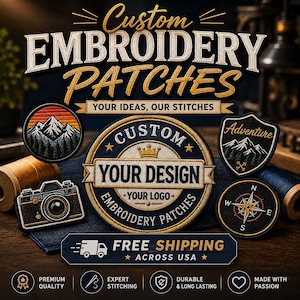 Puede incluir: Una colección de parches bordados circulares y en forma de escudo con varios diseños, incluyendo un paisaje de montaña, una cámara vintage, una brújula y un emblema central con una corona y el texto CUSTOM YOUR DESIGN YOUR LOGO.