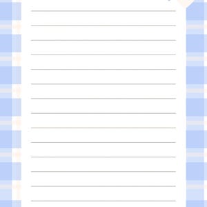 Peut inclure: Une feuille de papier à lettres rectangulaire avec une bordure à carreaux bleu clair et blanc. Le centre est blanc avec des lignes horizontales pour écrire. Le prénom Bethany est écrit en bleu en haut, avec trois petits cœurs bleu et blanc.