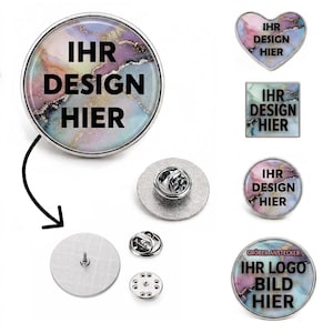 Könnte beinhalten: Eine Sammlung individueller Metallanstecker in runder, quadratischer und herzförmiger Ausführung mit einem Marmormuster in Rosa, Blau und Gold. Die Anstecker tragen den schwarzen Text IHR DESIGN HIER oder IHR LOGO BILD HIER. Rückansichten zeigen den Stift und Verschluss.