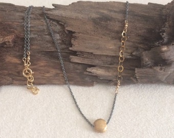 Oxidized Silver, Gold, Asymmetrical, Delicate Necklace