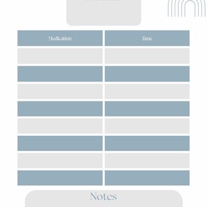 Pode incluir: Um cronograma de medicamentos branco e azul com o texto "Control the Chaos" e "Medication Schedule". O cronograma inclui seções para medicamentos, hora, lembrete de dose e notas. O design apresenta arte minimalista de arco e linha.