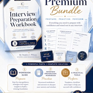 May include: An interview preparation bundle with a workbook, worksheets, and practical tools. The workbook cover reads "The Interview Preparation Workbook." Includes a checklist, cheat sheet, and confidence booster. For job seekers preparing for interviews.