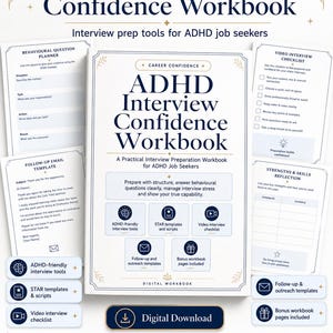 Könnte beinhalten: Ein digitales ADHD Interview Confidence Workbook mit einer zentralen Titelseite mit dunkelblauem Text auf weißem Hintergrund, umgeben von vier Innenseiten, darunter ein Planer für Verhaltensfragen, eine Checkliste und Vorlagen.