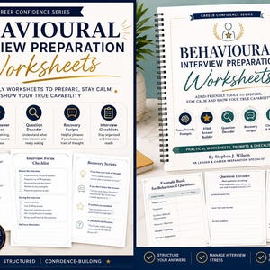 Puede incluir: Un cuaderno de trabajo con encuadernación en espiral titulado Behavioural Interview Preparation Worksheets, que incluye secciones para preguntas de enfoque, constructor de respuestas STAR, decodificador de preguntas, guiones y listas de verificación.