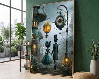 May include: Framed artwork depicting a steampunk-inspired scene. A couple in Victorian attire strolls down a cobblestone path. The background features whimsical buildings, a clock tower, and a glowing hot air balloon. The color palette includes teal, gold, and gray.