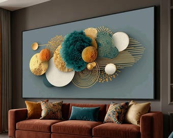 May include: A large rectangular wall art piece featuring a central composition of layered circular elements in teal, gold, and white. The design includes textured pom-pom spheres, intricate gold line work, and solid discs against a muted gray background.