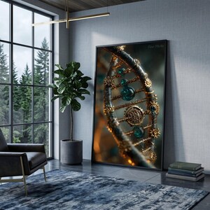 May include: A vertical framed wall art print featuring a detailed, macro-style depiction of a DNA double helix structure constructed from metallic gears, cogs, and glowing teal spheres, set against a dark, blurred background with warm lighting.