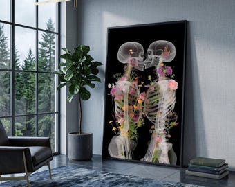Lienzo con esqueleto de anatomía floral abrazado, arte mural romántico de amor y naturaleza.