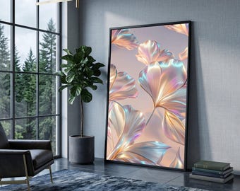 Könnte beinhalten: Ein großes rechteckiges Wandbild in einem dünnen schwarzen Rahmen mit einem abstrakten Blumenmuster aus irisierenden, metallischen Blütenblättern in Gold-, Silber- und hellen Blautönen vor einem blassen, neutralen Hintergrund, präsentiert in einem Raum.