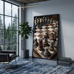May include: A framed print of a chess board with chess pieces. The chess pieces are brown and black. The board is brown and white. The print is in a room with a window, a plant, a chair, and a rug.