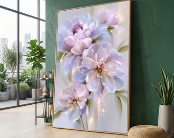 May include: A vertical rectangular wall art piece featuring a soft, painterly depiction of large, layered peony flowers in shades of pale lavender, light pink, and white, set within a thin, light-toned wooden frame against a white background.