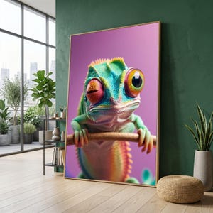 May include: A framed art print of a chameleon, showcasing a vibrant palette of colours including green, blue, and orange. The chameleon is perched on a branch against a purple backdrop. The artwork is displayed in a room with natural light and a green wall.