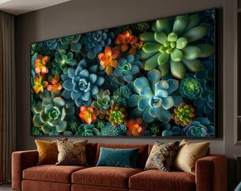 May include: A large rectangular wall art piece featuring a dense arrangement of succulents in shades of green, blue, and orange. The plants are tightly packed, creating a textured, layered botanical display with varied leaf shapes and sizes.