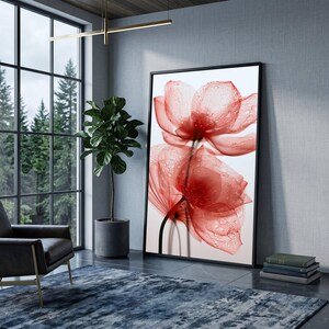 May include: A large rectangular framed wall art piece featuring a high-resolution close-up of two translucent red poppy flowers with visible water droplets on their delicate petals, set against a clean, bright white background.