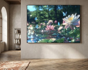 May include: A large framed art print depicts a serene pond scene with pink and white water lilies, blue butterflies, and sparkling light. The artwork is displayed on a neutral-colored wall in a room with a wooden floor and a patterned rug.