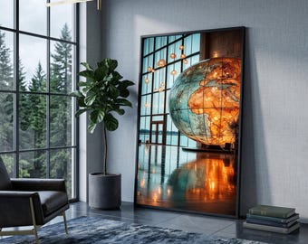 Beleuchteter Globus auf Leinwand, moderne Wanddekoration für den Innenbereich, zeitgenössische Wohndekoration