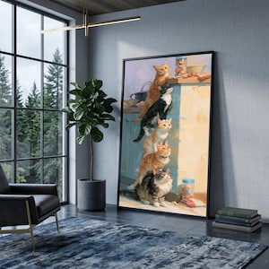 Cuadro de gatos juguetones en forma de torre apilada, decoración de pared con gatitos y mascotas.