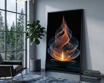 May include: A framed vertical wall art print featuring a glowing, abstract flame rising from a dark bowl. The flame is composed of swirling orange, yellow, and translucent blue smoke-like wisps with small golden sparks against a black background.