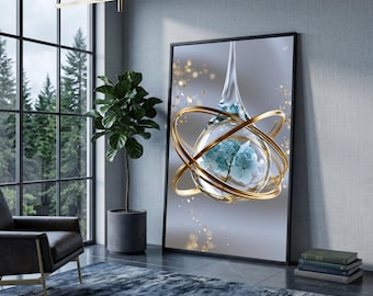 May include: Framed art print featuring a stylized floral design. The artwork showcases a clear glass orb with blue flowers, encircled by gold rings, against a soft gray background. The print is displayed in a modern interior setting.