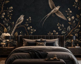 May include: A bedroom featuring a dark wall mural with two birds, one perched on a branch and one in flight, surrounded by white flowers and foliage. The room includes a dark upholstered bed, two matching nightstands with lamps, and a bench.