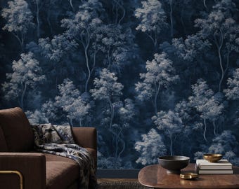 Dark Forest Wall Mural, Moody Blue Trees Bedroom Decor Removable, Peel and Stick Wallpaper