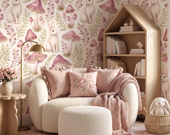 Aquarelbehang met paddenstoelen en konijntjes in een bos, roze, speelse bosdecoratie voor de kinderkamer, zelfklevend.
