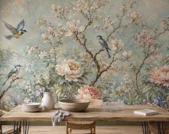 Chinoiserie Bird Floral Wall Mural, Peony Blossom Peel Stick Wallpaper Decor