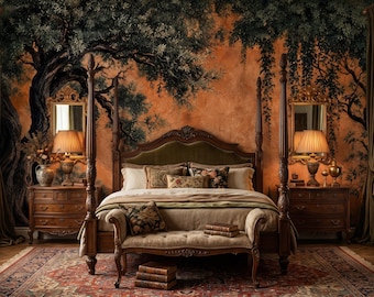 Wandbild mit Olivenbaummotiv, mediterraner Garten in Terrakotta, abnehmbare und wiederverwendbare Tapete