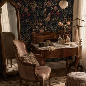 May include: A wooden vanity table with a marble top, a velvet armchair, a tall floor mirror, and a small stool. The vanity holds glass perfume bottles, a small box, and gloves. The wall features dark wallpaper with blue butterflies and flowers.