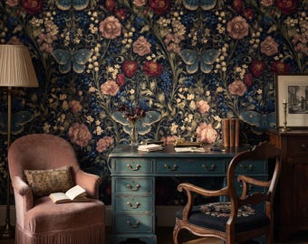 Butterfly Botanical Wall Mural, Dark Floral Bedroom Removable Victorian Decor, Peel and Stick Wallpaper