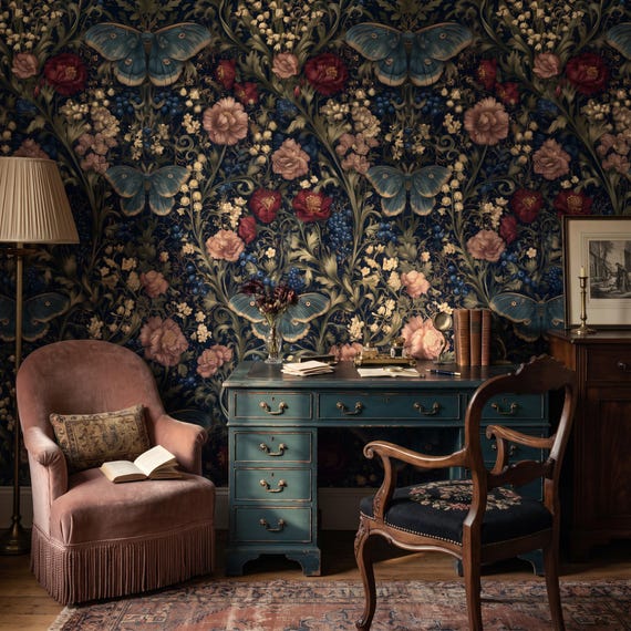 Butterfly Peony Navy Moody Wallpaper, Burgundy Gothic Botanical Teal Bedroom Decor, Peel and Stick