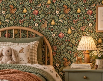 May include: A bedroom scene featuring dark green wallpaper with a botanical pattern of pears, pomegranates, squirrels, and rabbits. A wooden bed frame holds a beige gingham pillow, a plush bunny, and a green quilt. A lamp sits on a nightstand.
