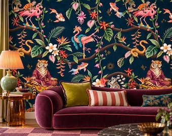 May include: A dark blue wallpaper featuring a vibrant jungle pattern with pink flamingos, tigers in robes, monkeys on skateboards, snakes, and koi fish. The design includes lush green tropical leaves, colorful flowers, and small golden star accents.