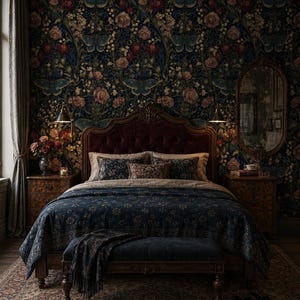 May include: A bedroom featuring a dark wood bed frame with a tufted burgundy headboard, dressed in a navy blue patterned quilt and matching pillows. The room includes two wooden nightstands, a dark blue bench, and floral wallpaper with butterflies.