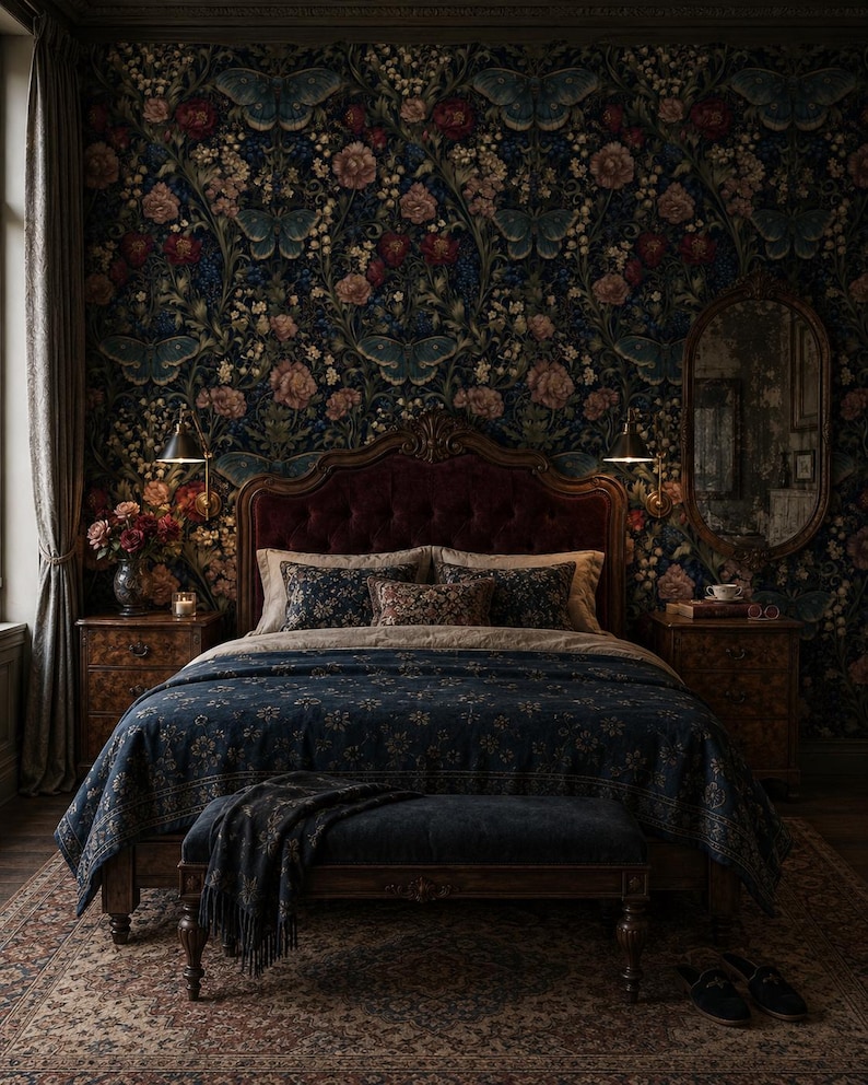 May include: A bedroom featuring a dark wood bed frame with a tufted burgundy headboard, dressed in a navy blue patterned quilt and matching pillows. The room includes two wooden nightstands, a dark blue bench, and floral wallpaper with butterflies.