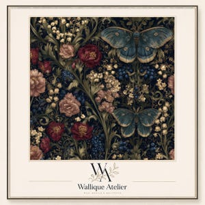May include: A square wall mural featuring a dark background with blue butterflies, red peonies, and white lily of the valley flowers. Below the floral pattern, the text reads Wallique Atelier with a logo of the letters W and A intertwined.