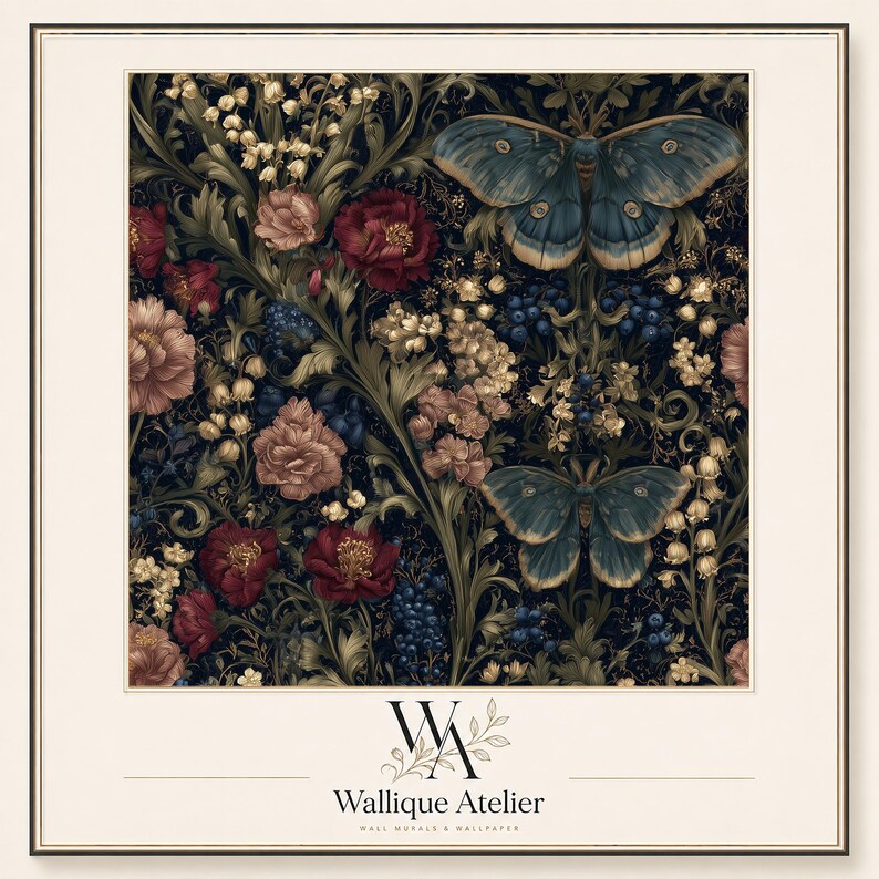 May include: A square wall mural featuring a dark background with blue butterflies, red peonies, and white lily of the valley flowers. Below the floral pattern, the text reads Wallique Atelier with a logo of the letters W and A intertwined.