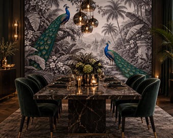 Pfauenvogel-Tapete in Blau, eindrucksvolles Vintage-Schlafzimmer mit botanischem Motiv, Akzentwanddekoration, selbstklebend