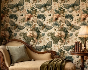 May include: Wallpaper featuring a repeating pattern of large moths, blooming flowers, and foliage in muted tones of green, cream, and soft peach. The design includes detailed illustrations of insects and botanical elements set against a light background.