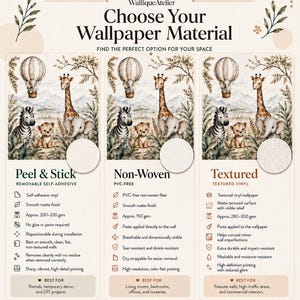 May include: An informational chart titled Choose Your Wallpaper Material by WalliqueAtelier, comparing three options: Peel & Stick, Non-Woven, and Textured. Each section displays a safari animal illustration and lists specific material features.