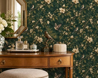 May include: Dark green wallpaper featuring a repeating pattern of white magnolia flowers, green leaves, and small birds in flight and perched on branches. The design includes detailed botanical illustrations with a vintage aesthetic.