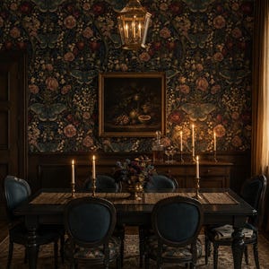 May include: A dark dining room featuring a rectangular black wooden table surrounded by four chairs with blue upholstered seats. A long woven runner sits on the table with brass candlesticks, lit candles, and a central floral arrangement in a brass bowl.